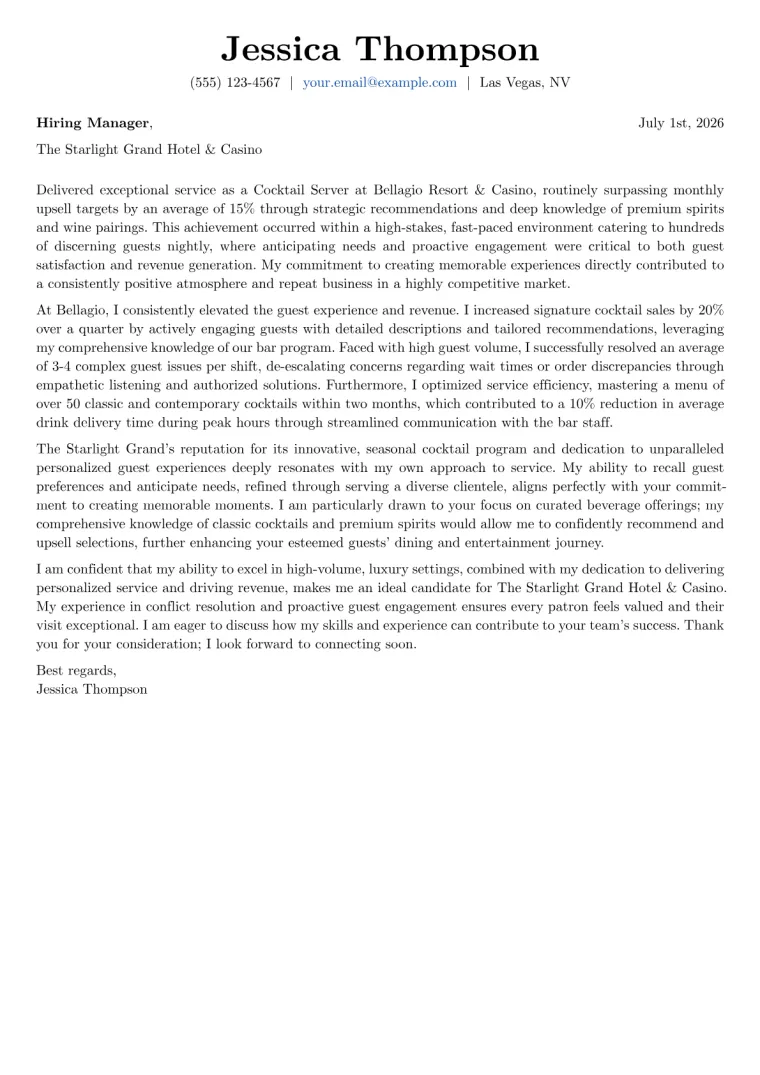 Cocktail Server cover letter example preview