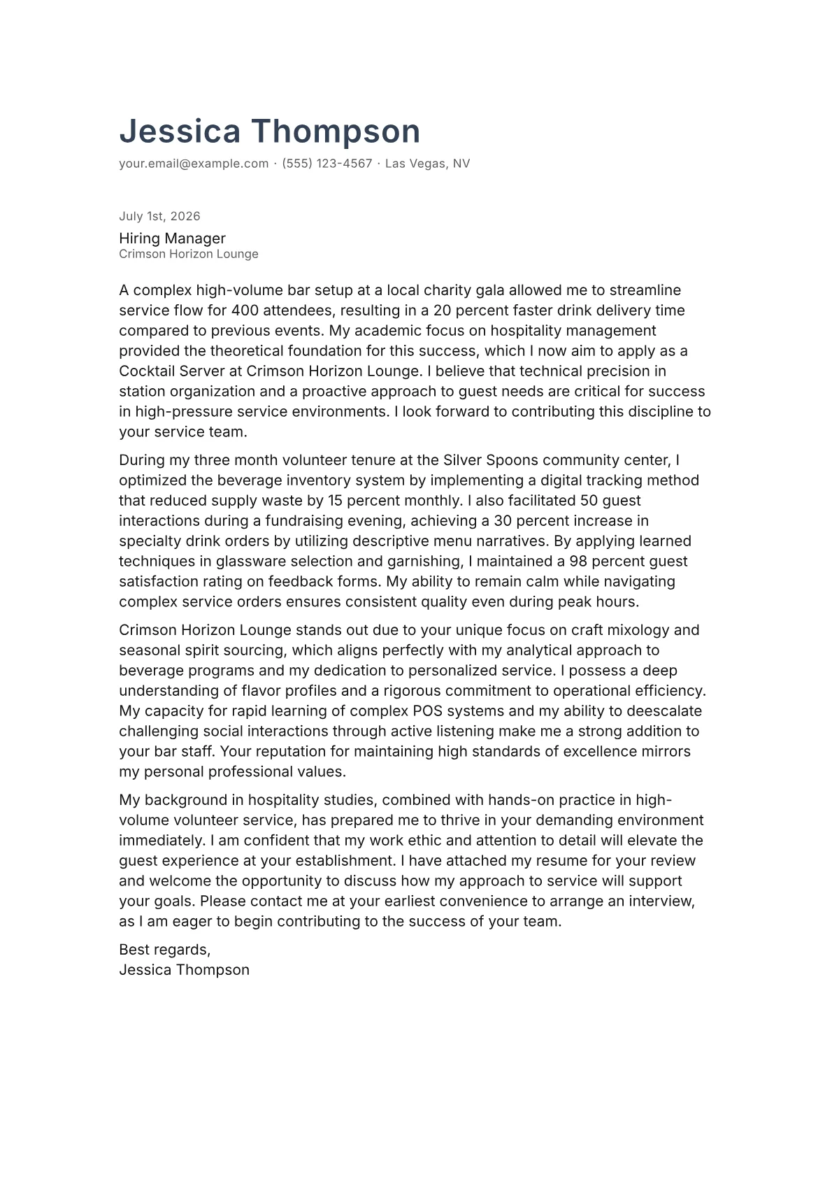 Cocktail Server cover letter in the Minimal design