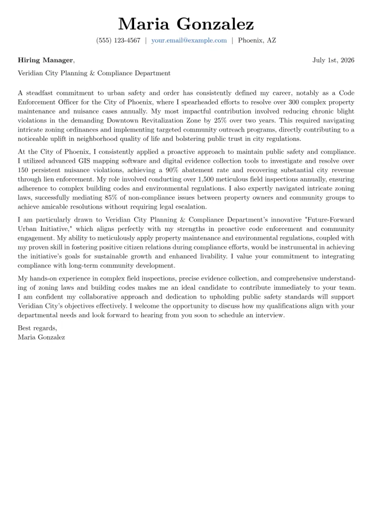 Code Enforcement Officer cover letter example preview