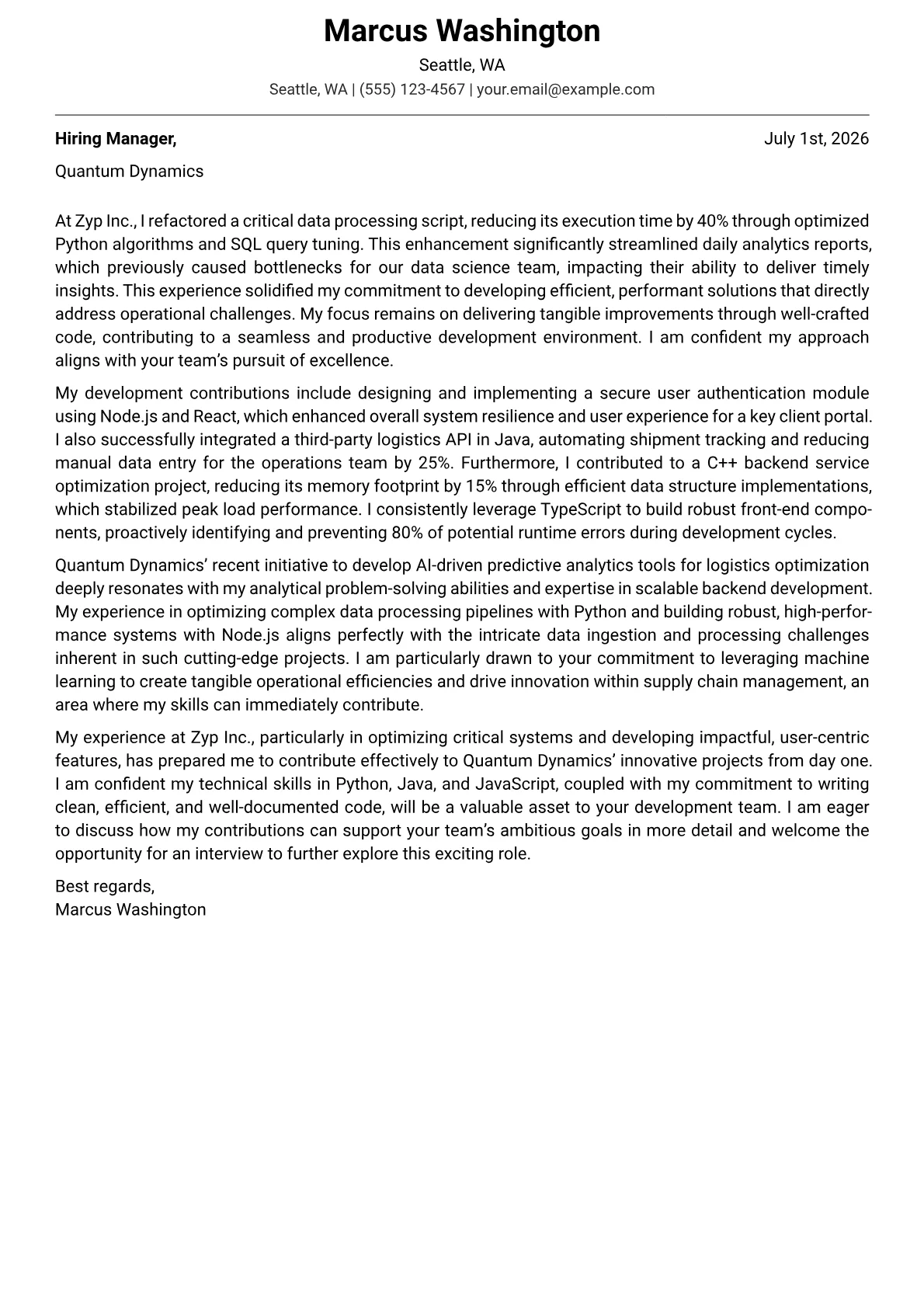 Coder cover letter formatted with a JobSprout template