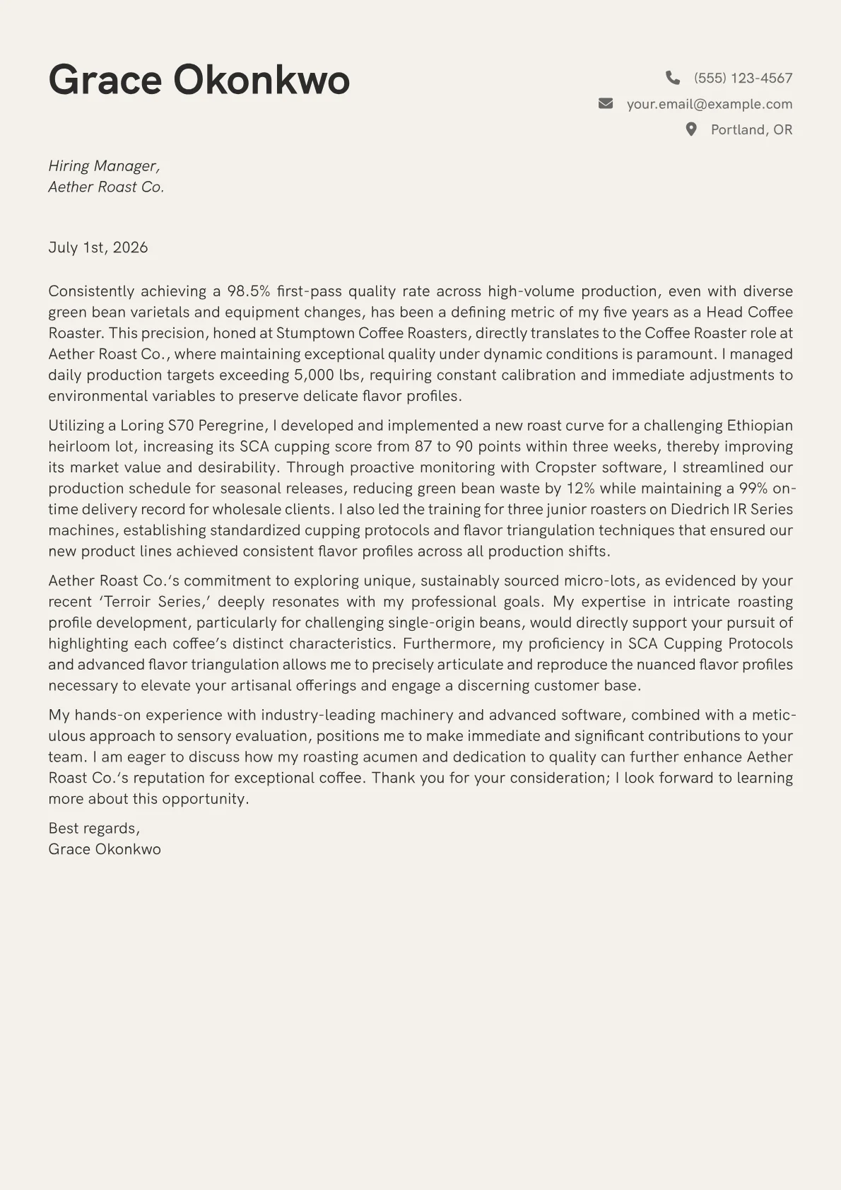 Coffee Roaster cover letter formatted with a JobSprout template