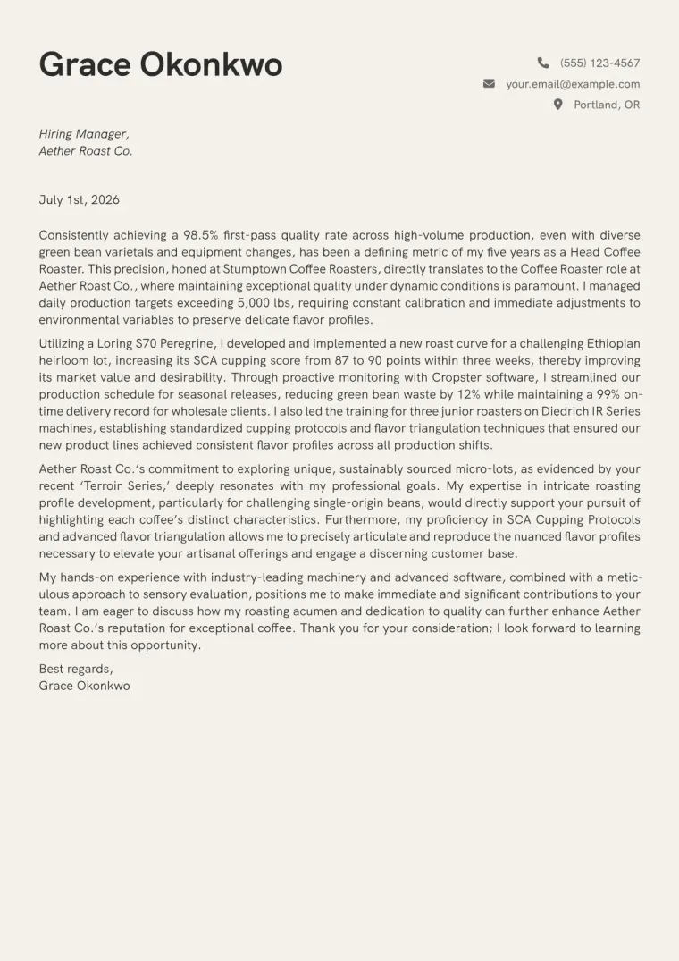 Coffee Roaster Cover Letter Example