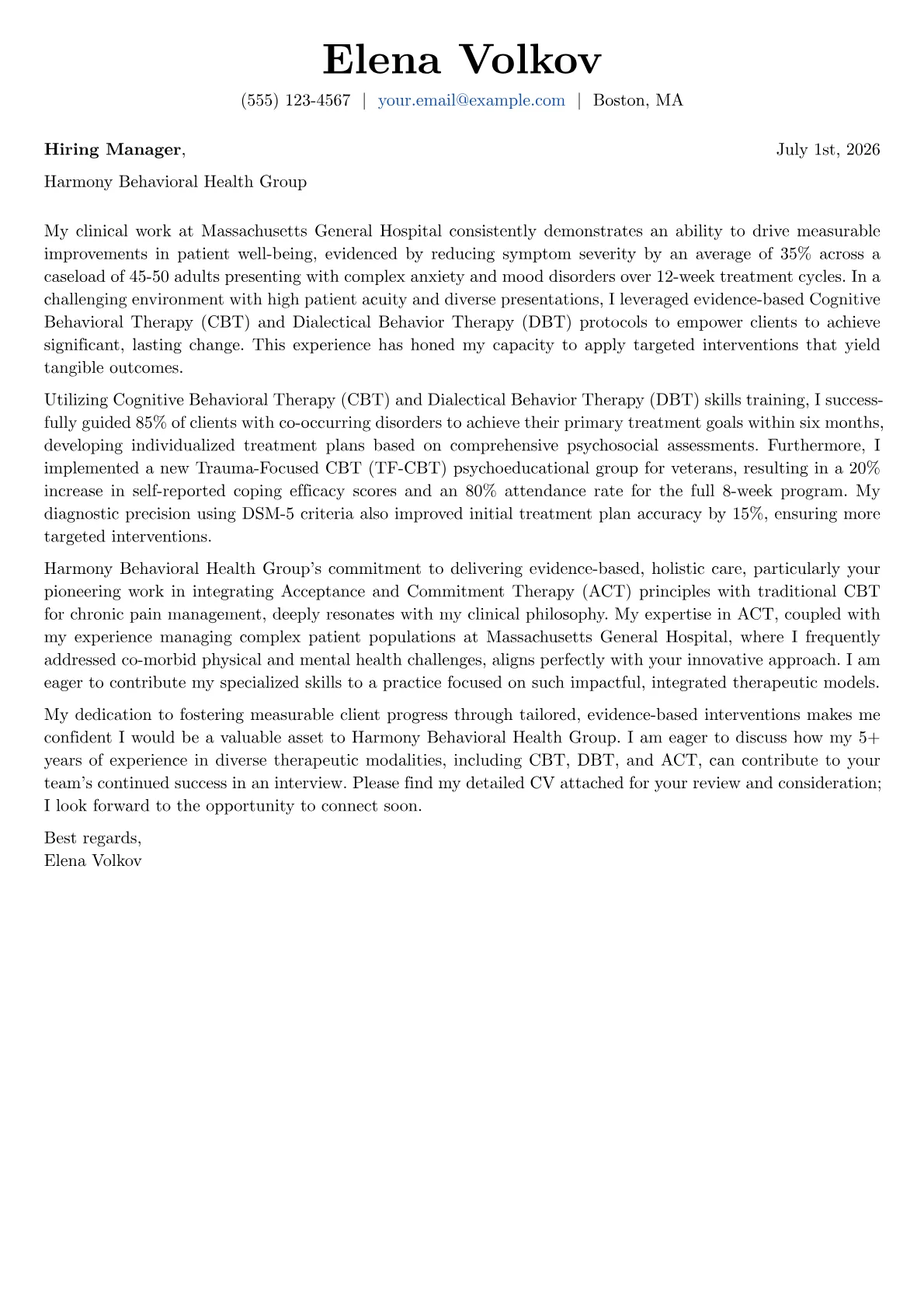 Cognitive Behavioral Therapist cover letter formatted with a JobSprout template