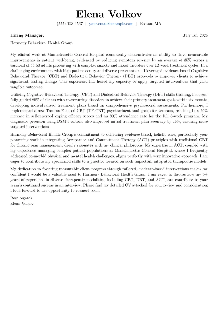 Cognitive Behavioral Therapist cover letter example preview