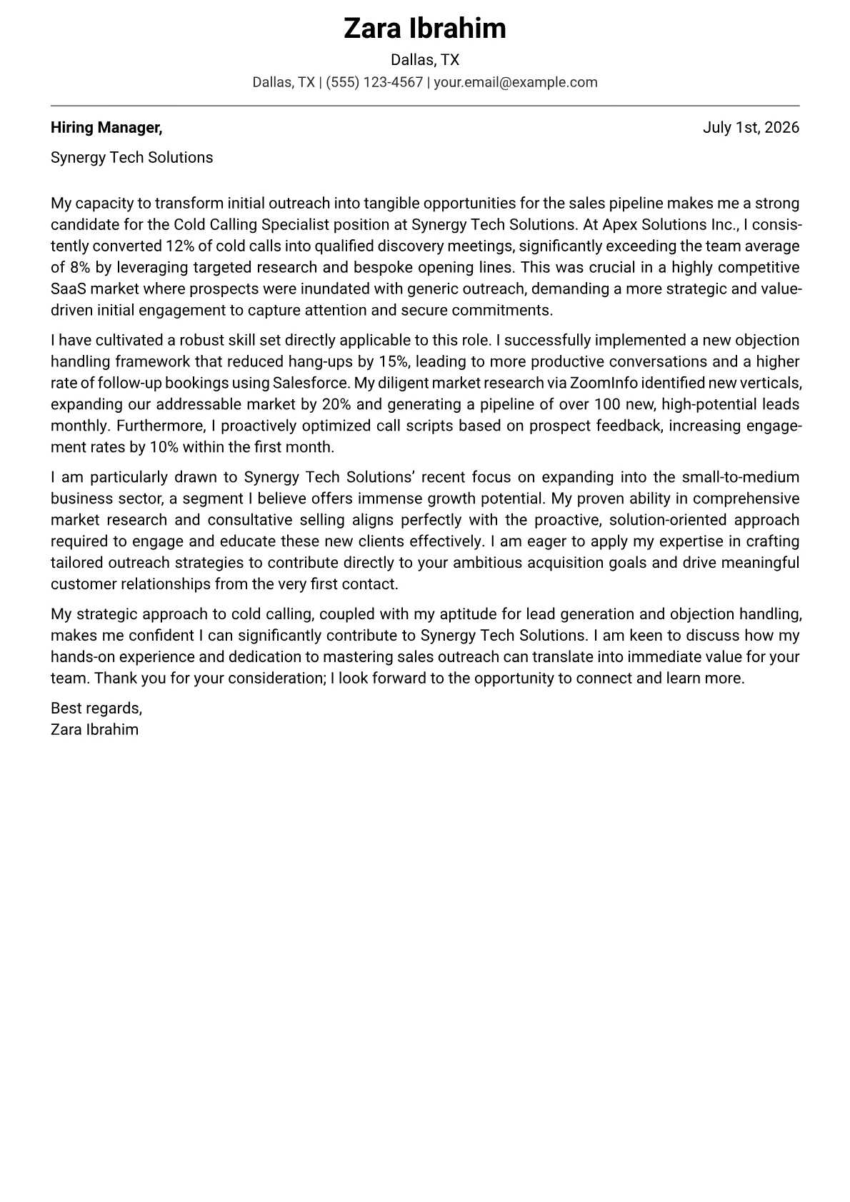 Cold Calling Specialist cover letter formatted with a JobSprout template