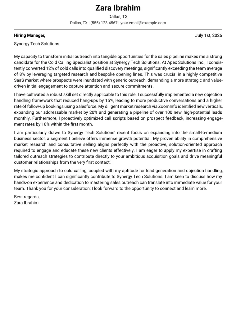 Cold Calling Specialist cover letter example preview