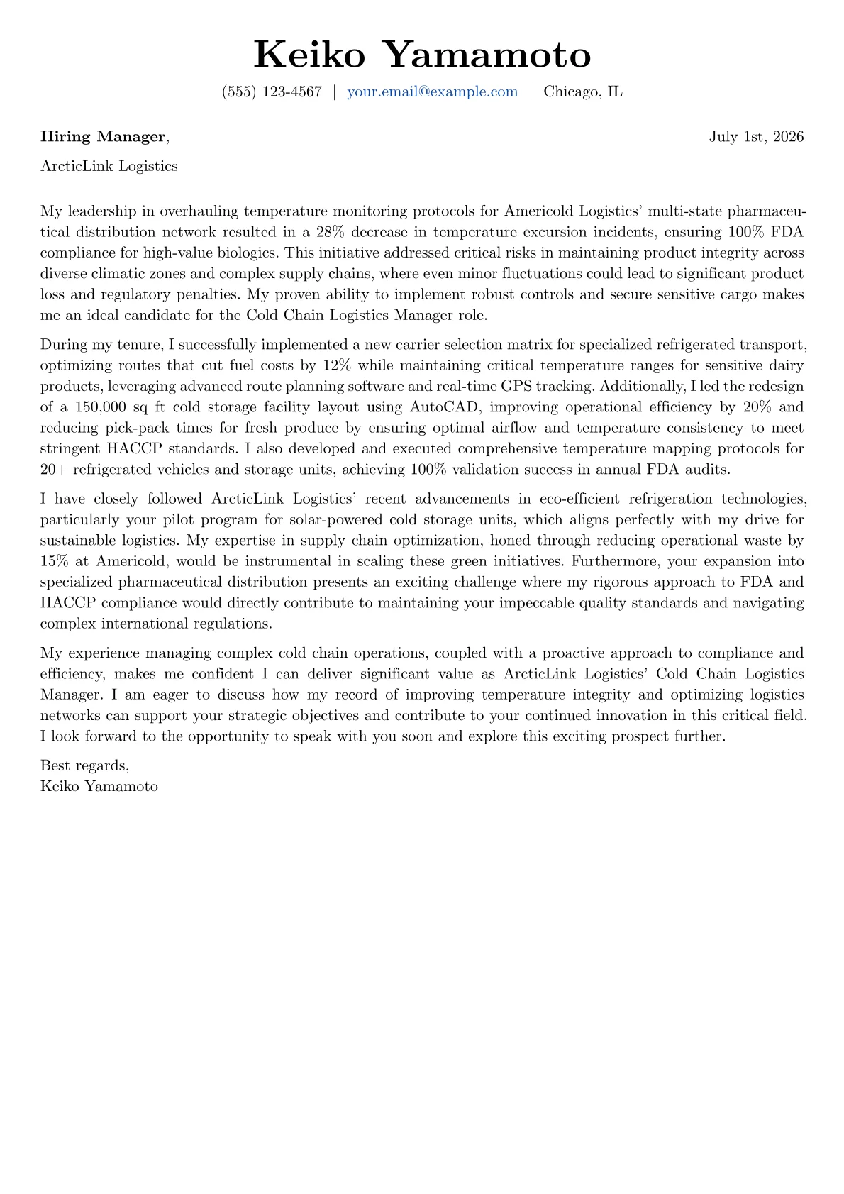 Cold Chain Logistics Manager cover letter formatted with a JobSprout template