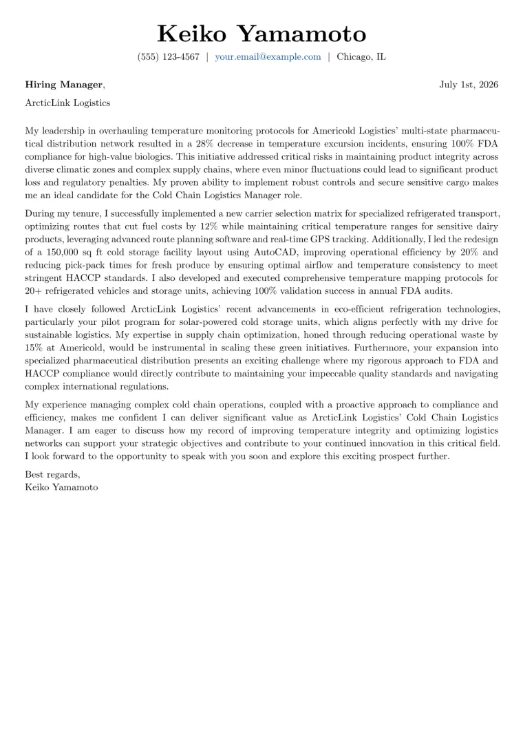 Cold Chain Logistics Manager Cover Letter Example