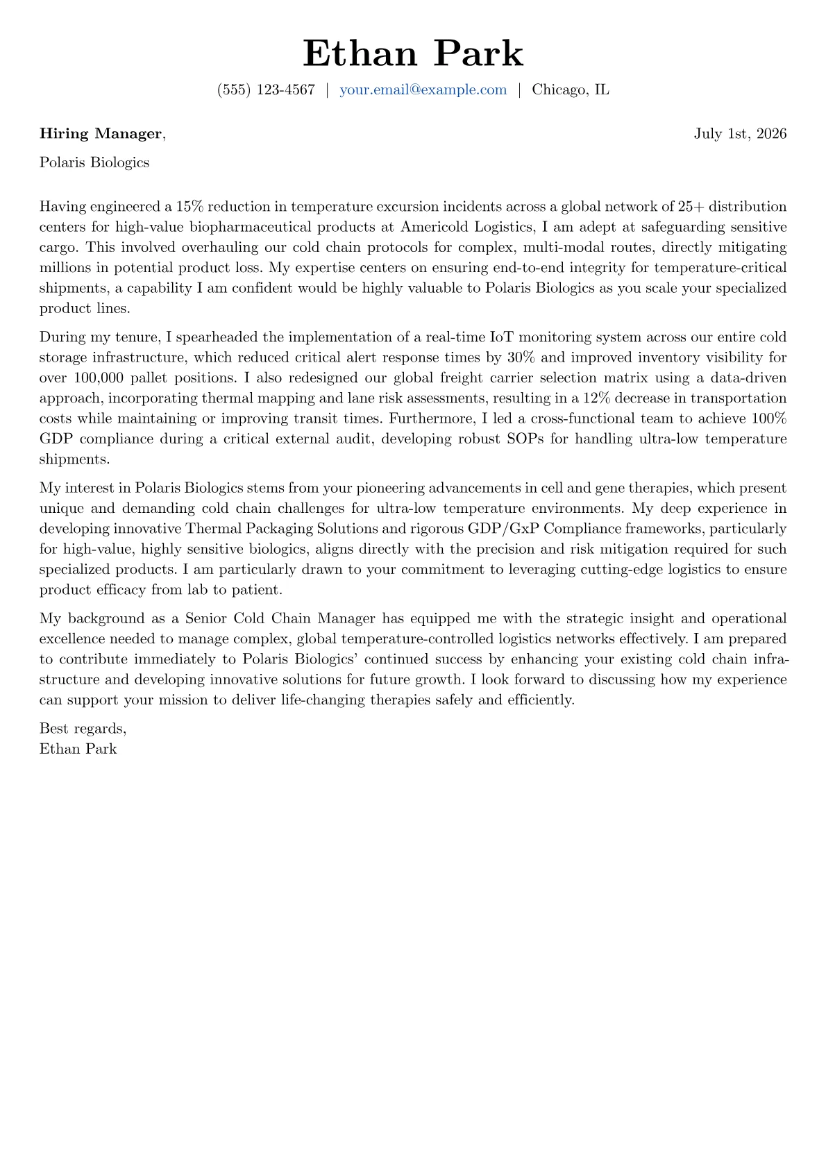 Cold Chain Manager cover letter formatted with a JobSprout template