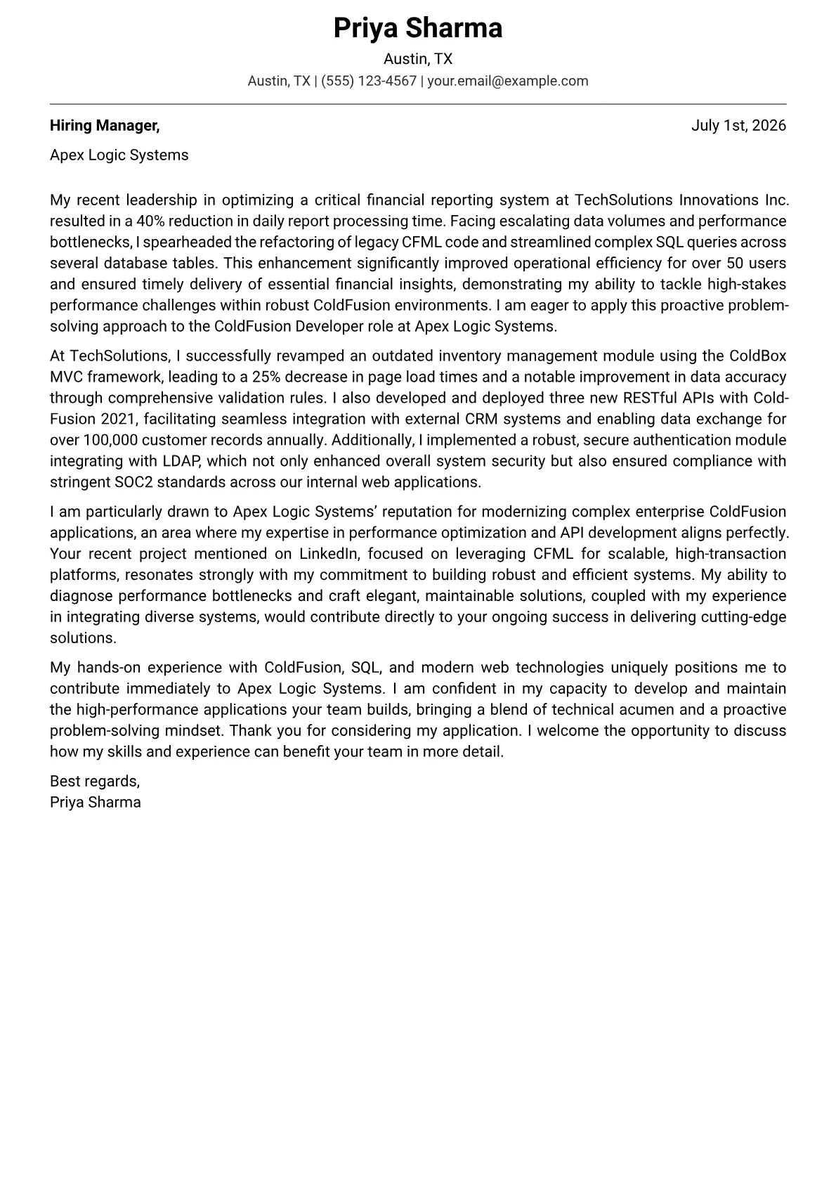 ColdFusion Developer cover letter formatted with a JobSprout template