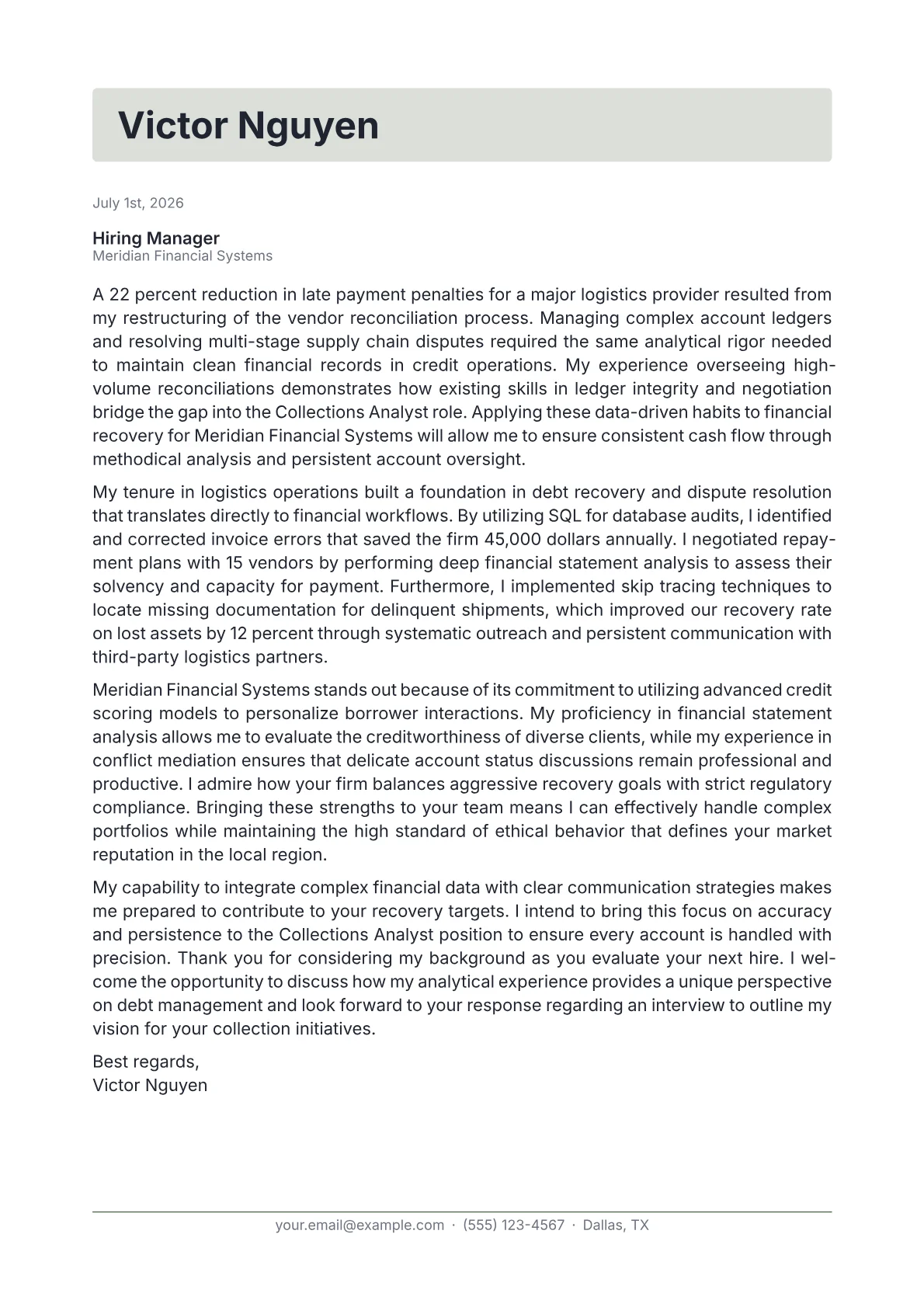 Collections Analyst cover letter in the Letterhead design