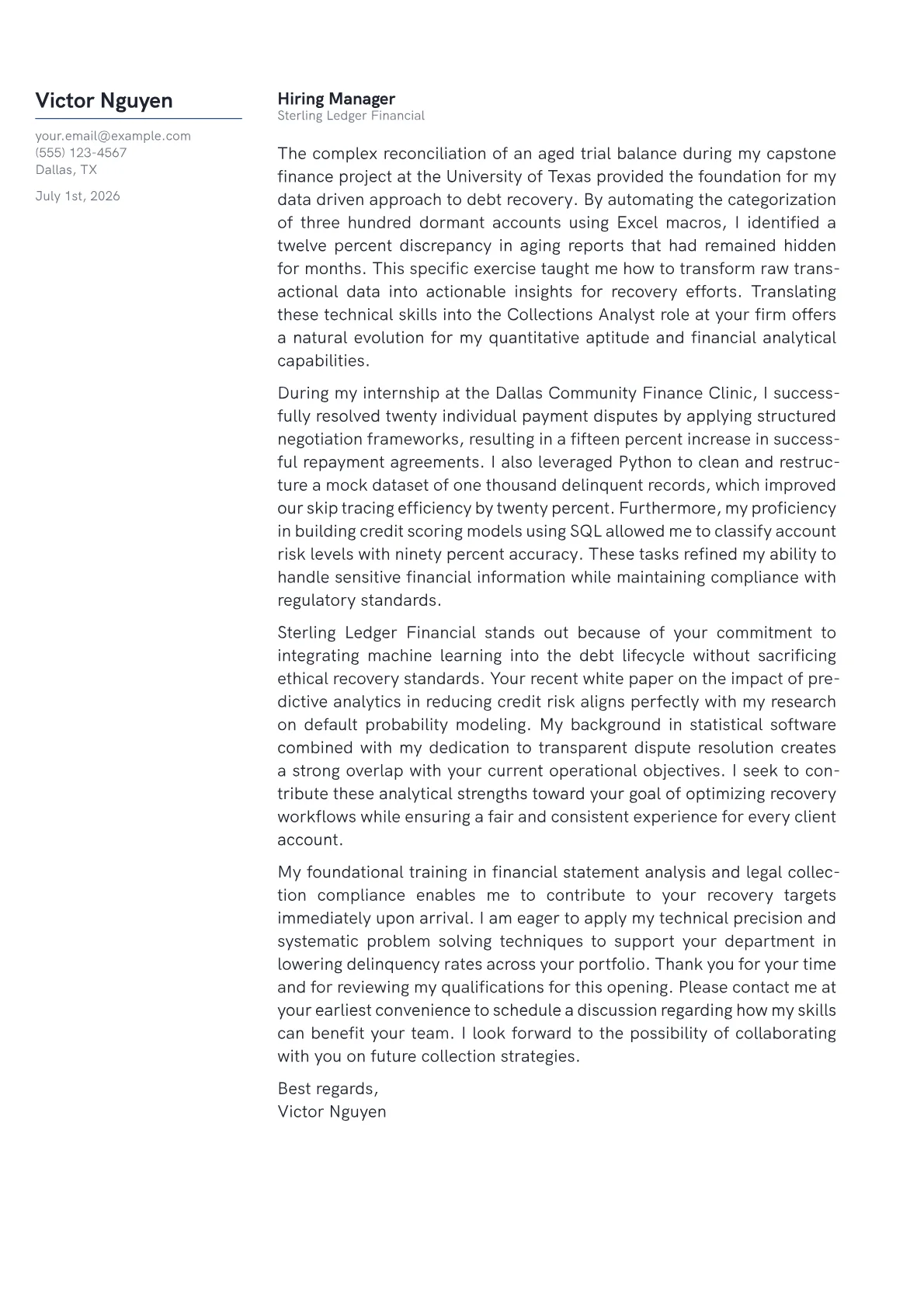 Collections Analyst cover letter in the Margin design