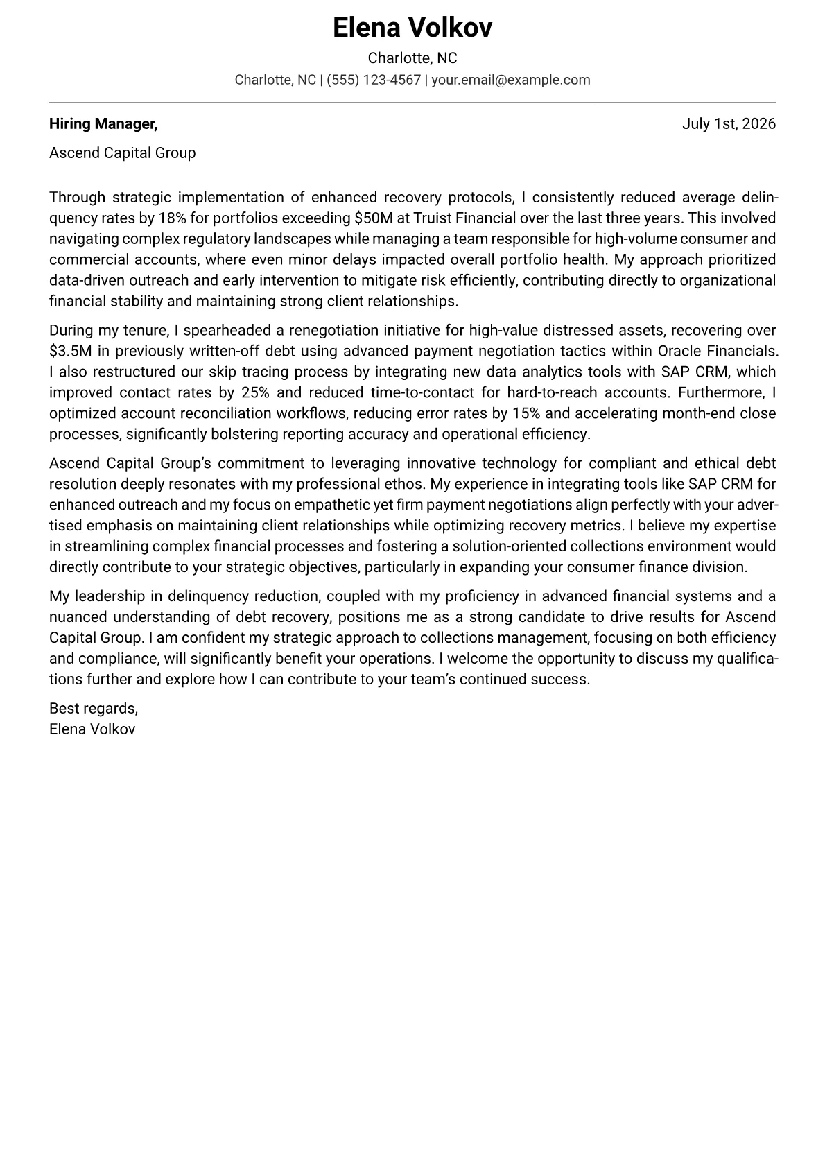 Collections Manager cover letter formatted with a JobSprout template