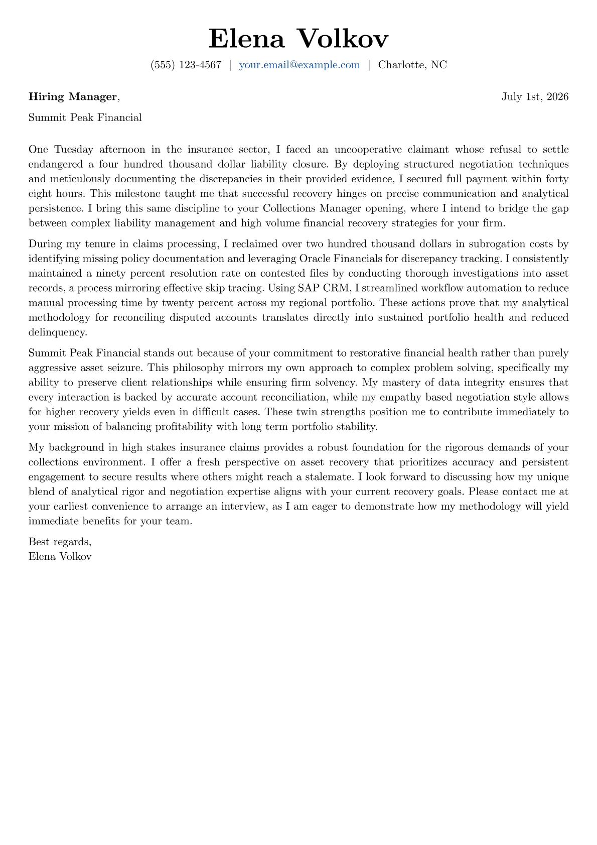 Collections Manager cover letter in the Basic design
