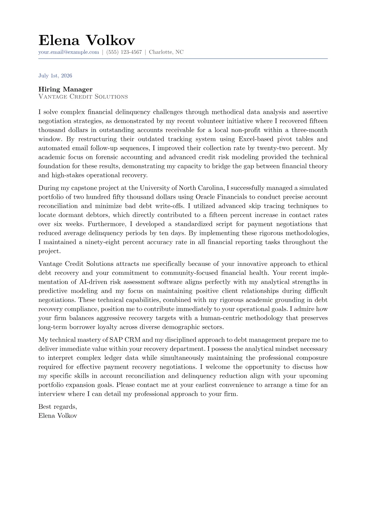 Collections Manager cover letter in the Classic design