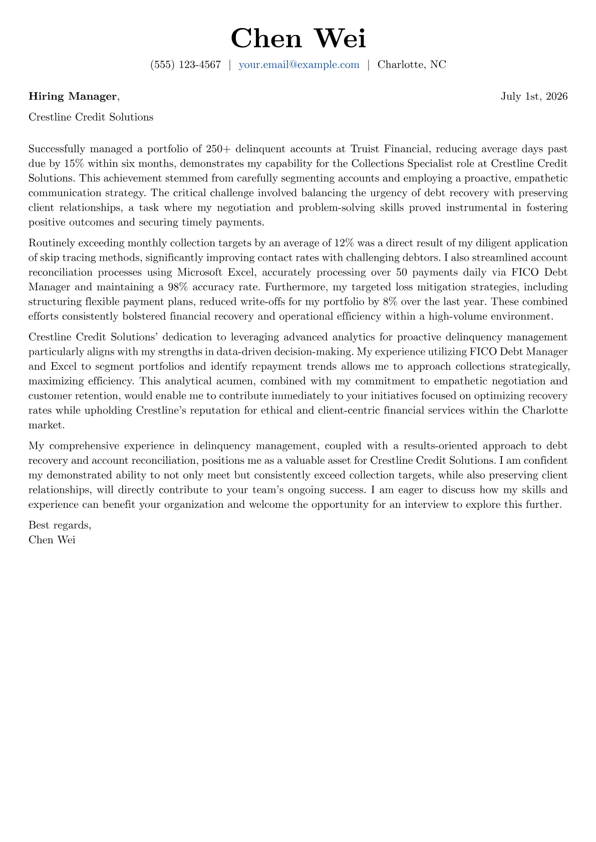 Collections Specialist cover letter formatted with a JobSprout template