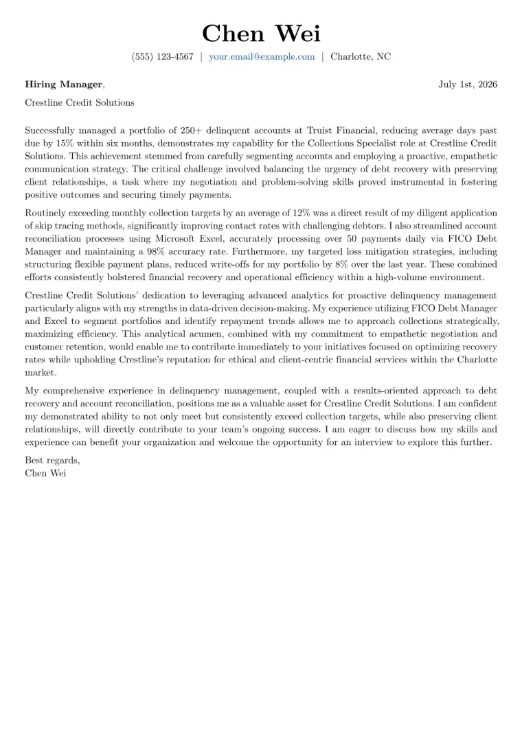 Collections Specialist Cover Letter Example