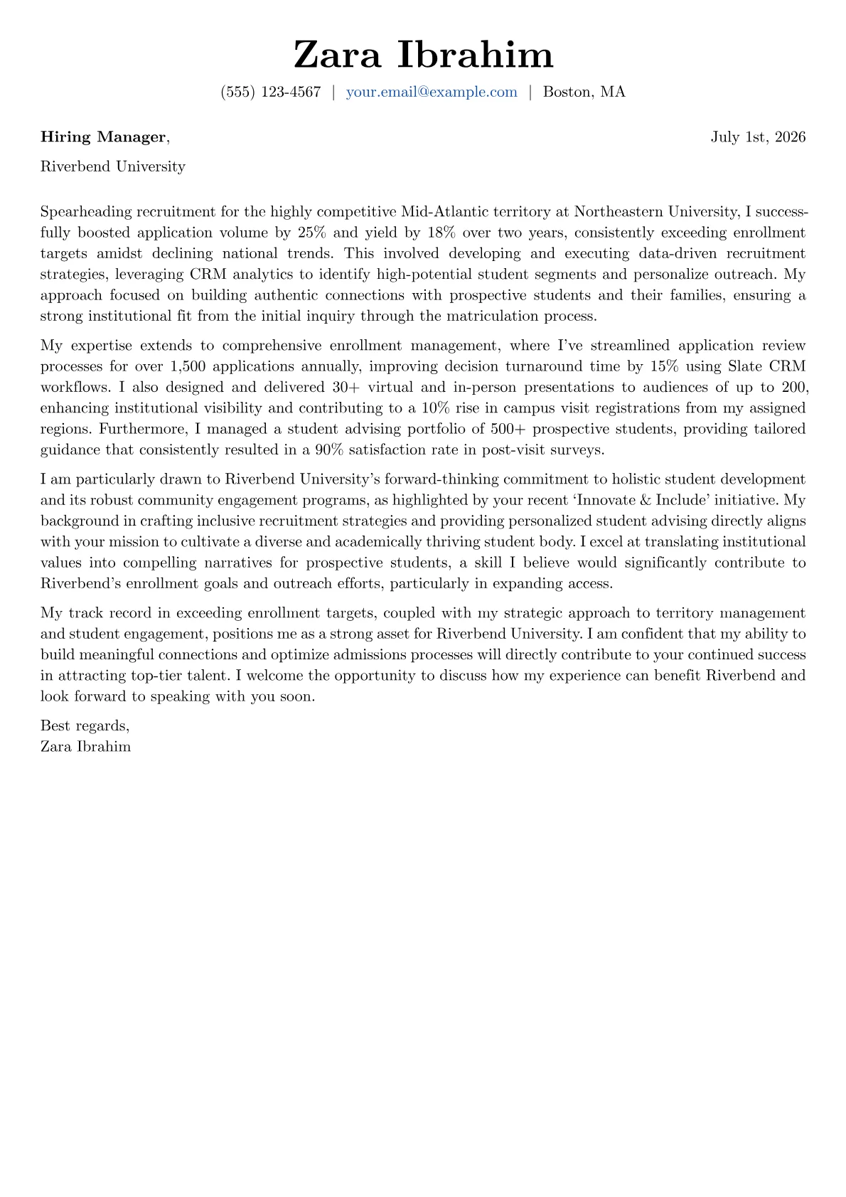 College Admissions Counselor cover letter formatted with a JobSprout template