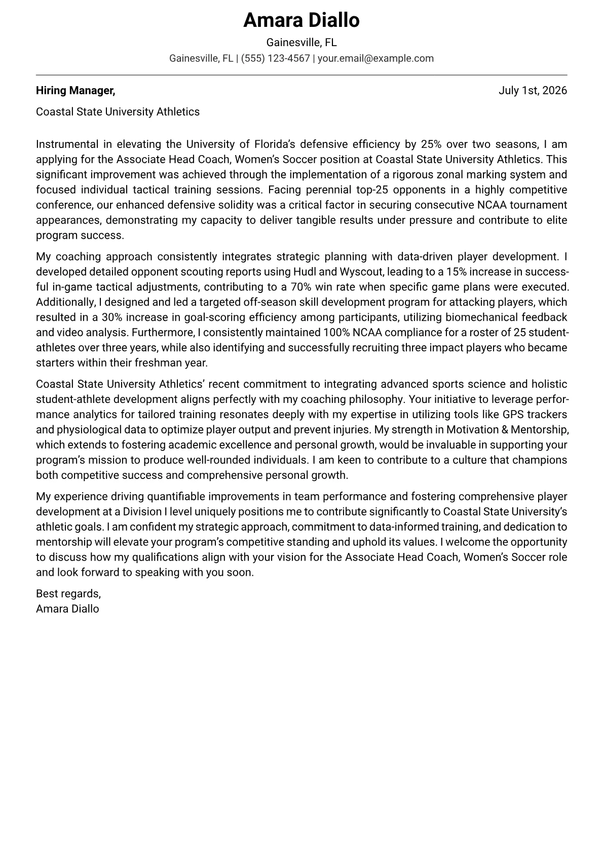 College Athletic Coach cover letter formatted with a JobSprout template