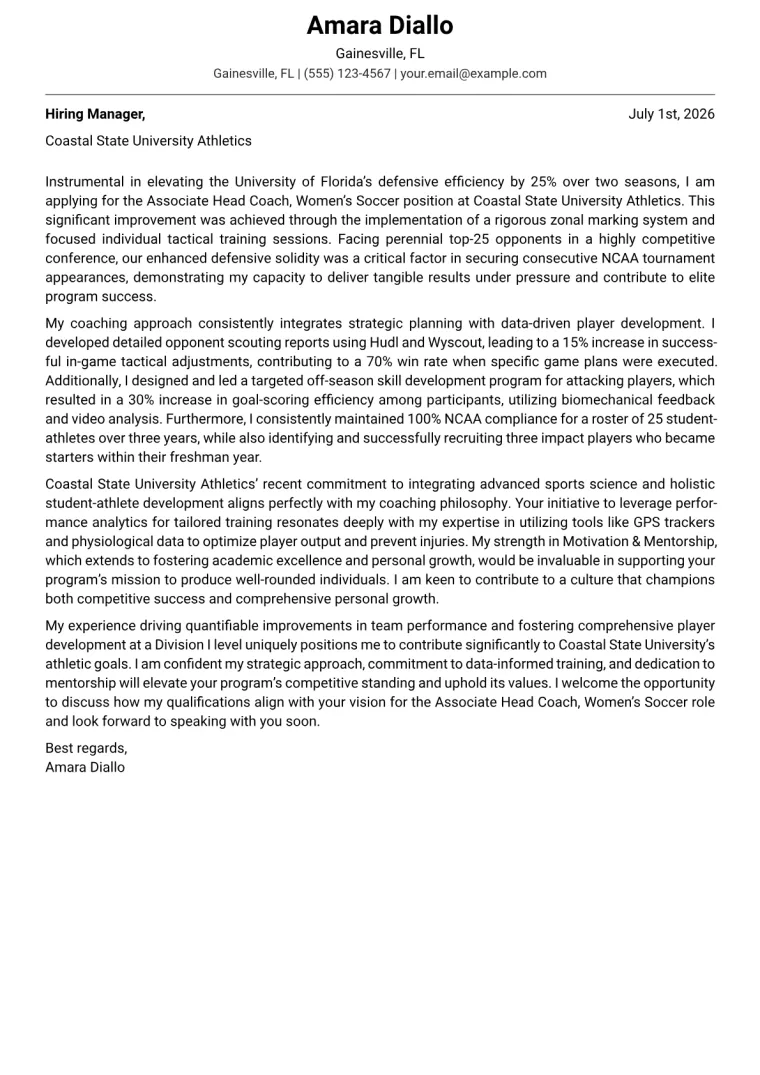 College Athletic Coach cover letter example preview