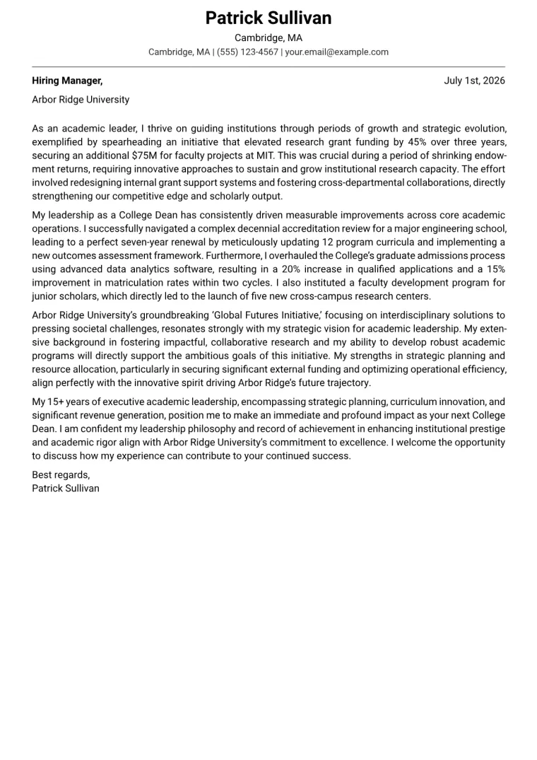 College Dean Cover Letter Example