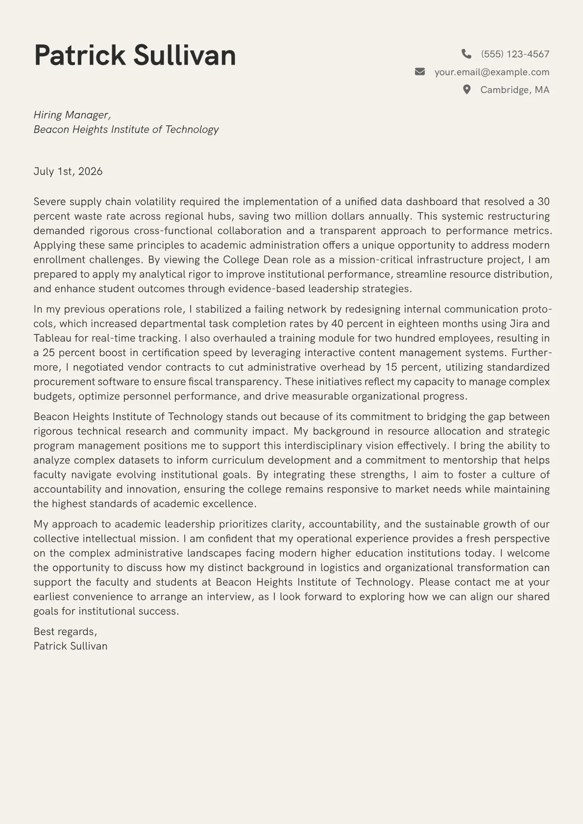 College Dean cover letter in the Creative design