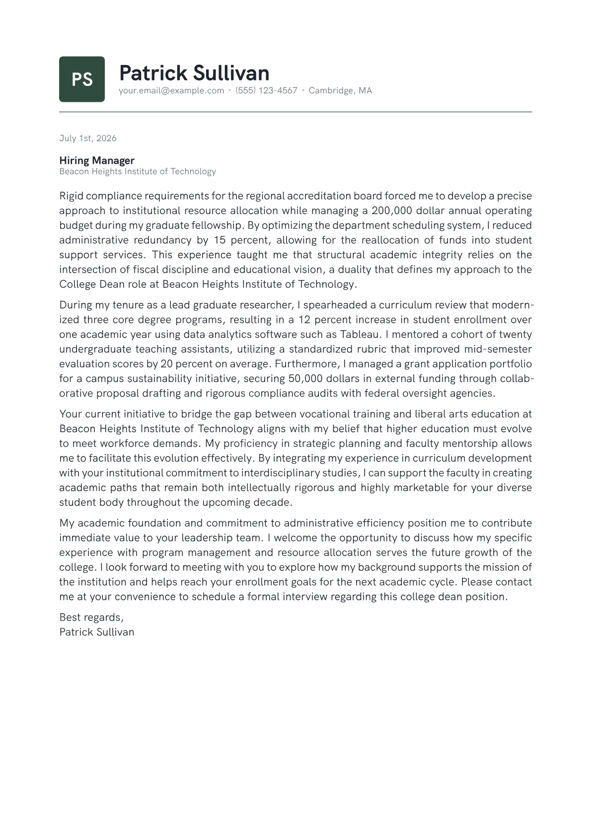 College Dean cover letter in the Emblem design