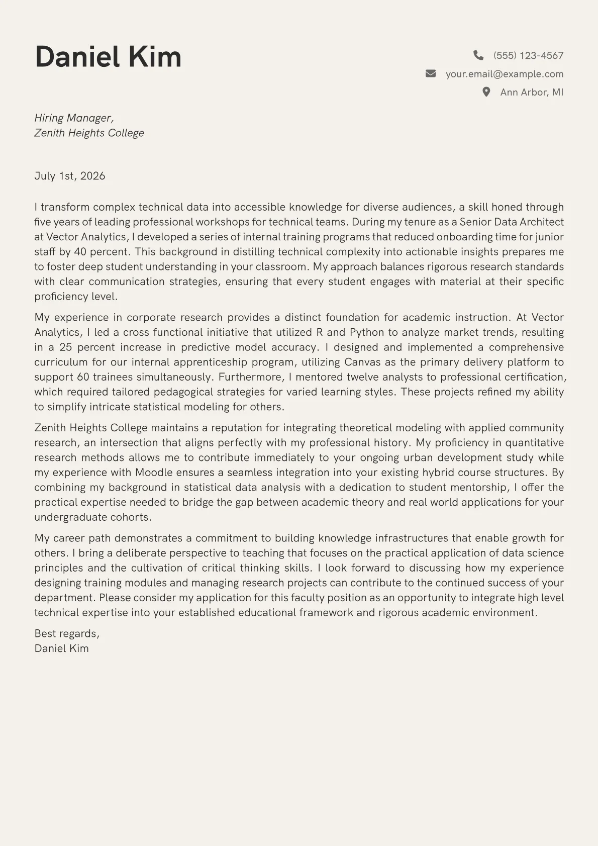 College Professor cover letter in the Creative design