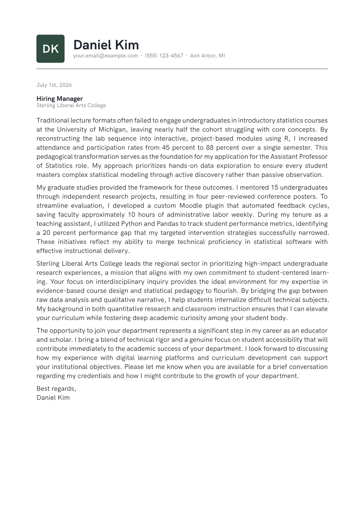 College Professor cover letter in the Emblem design