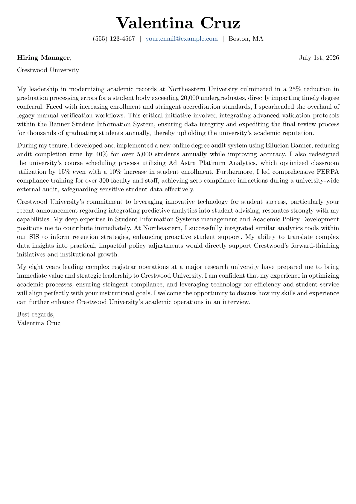 College Registrar cover letter formatted with a JobSprout template