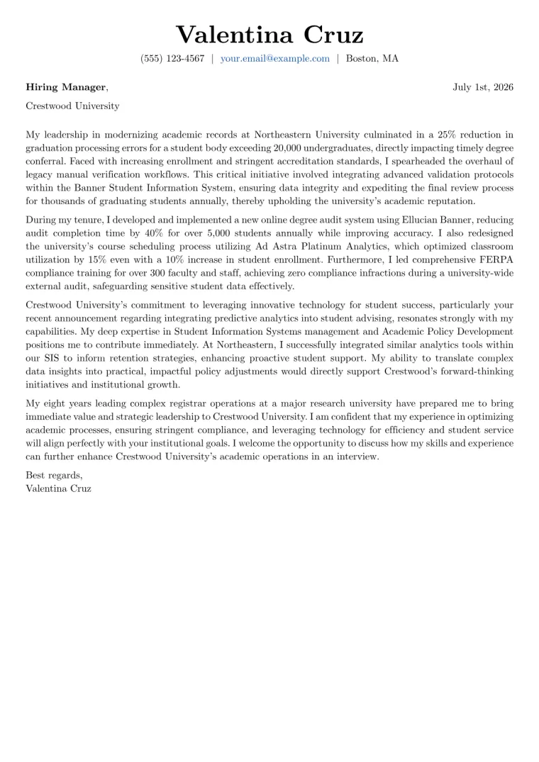 College Registrar cover letter example preview