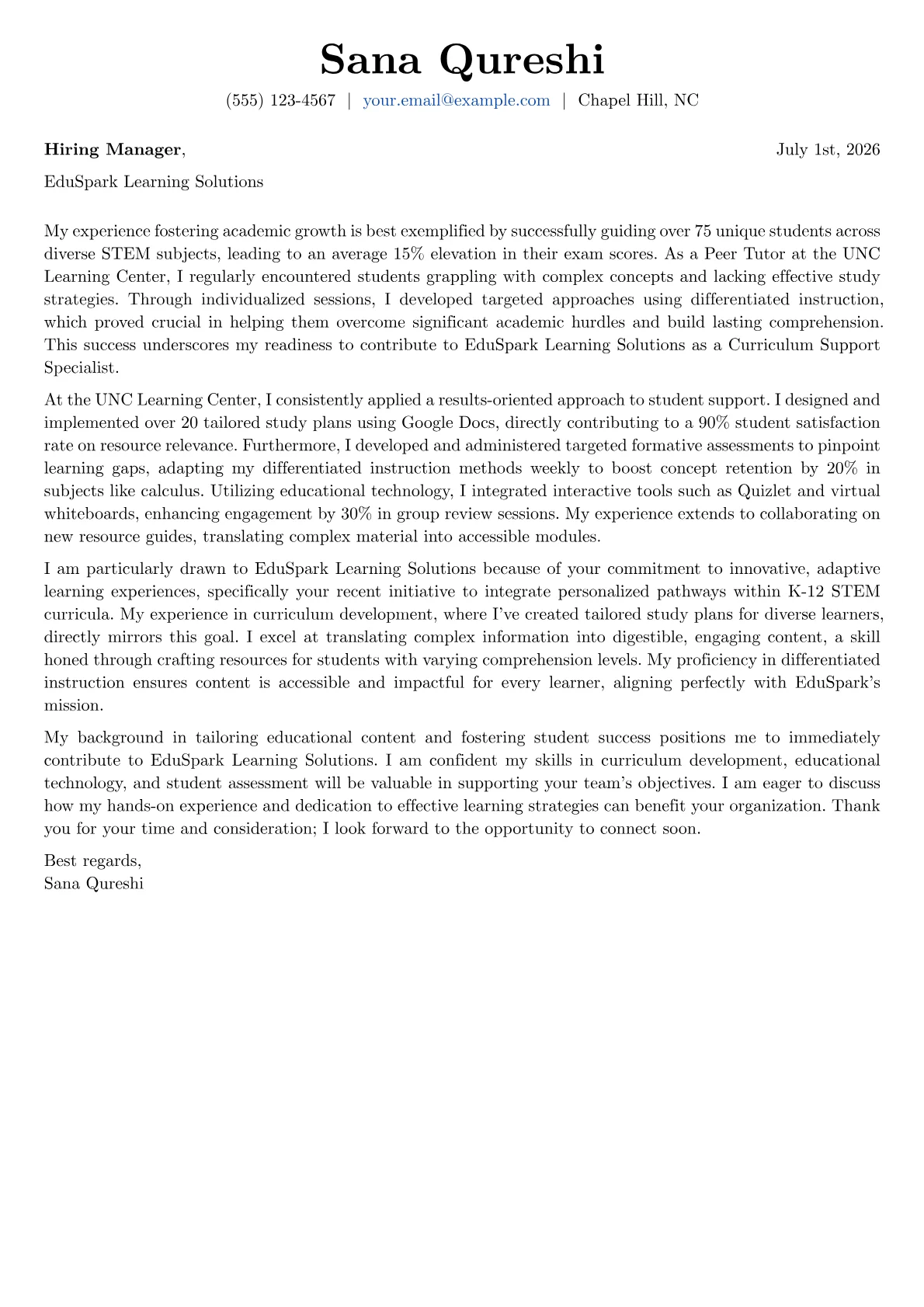 College Student cover letter formatted with a JobSprout template