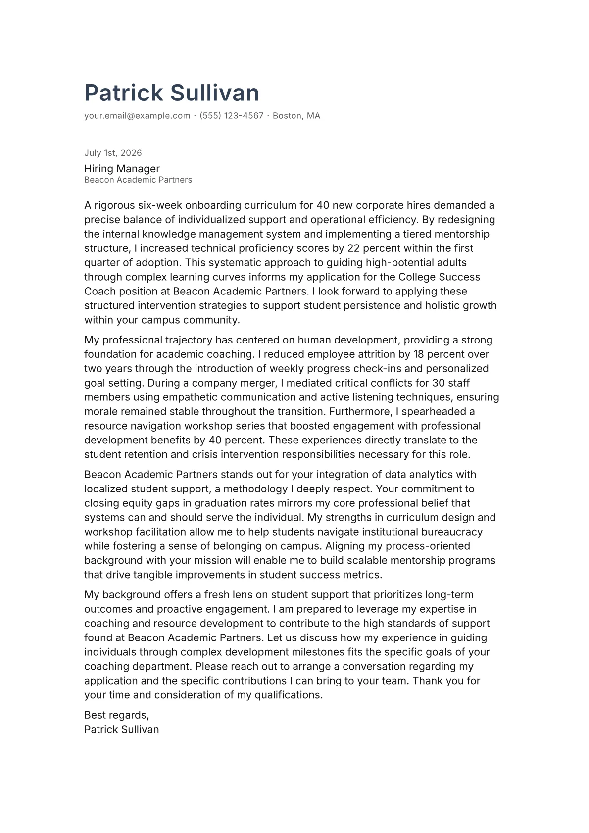 College Success Coach cover letter in the Minimal design