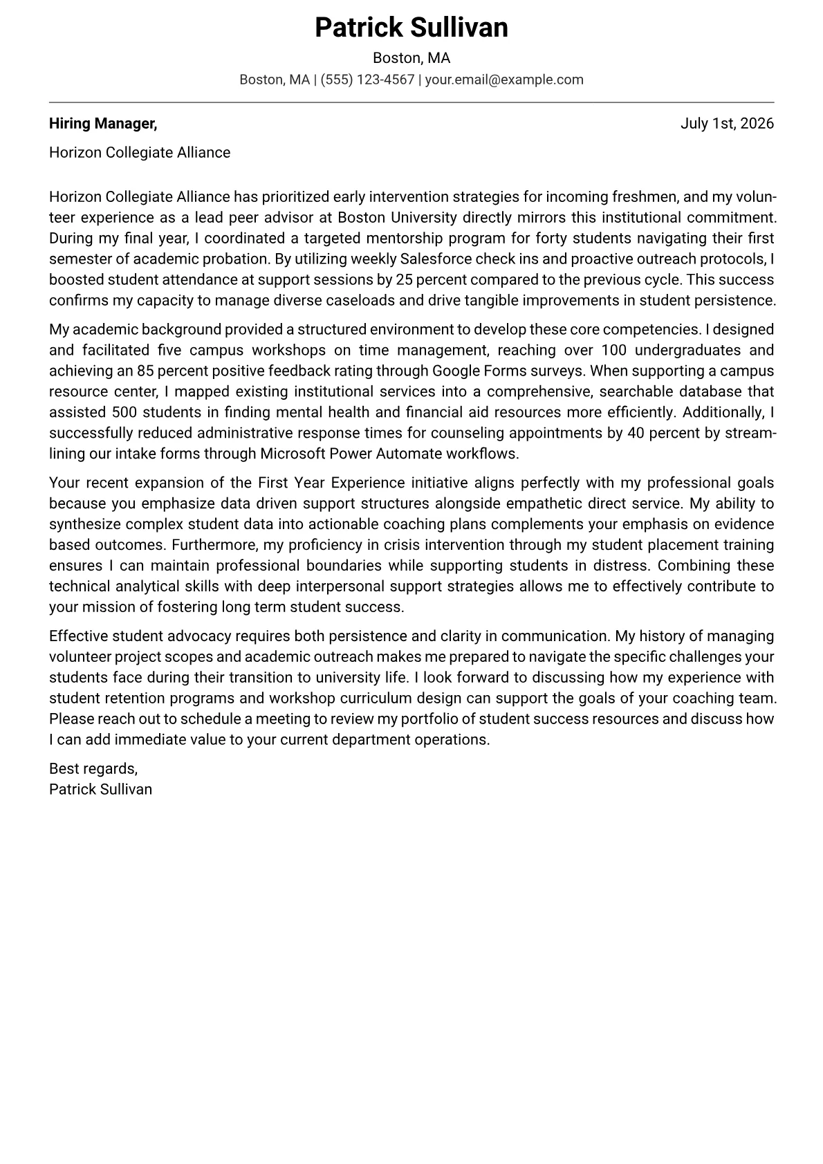 College Success Coach cover letter in the Modern design
