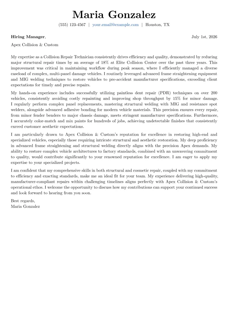 Collision Repair Technician cover letter example preview