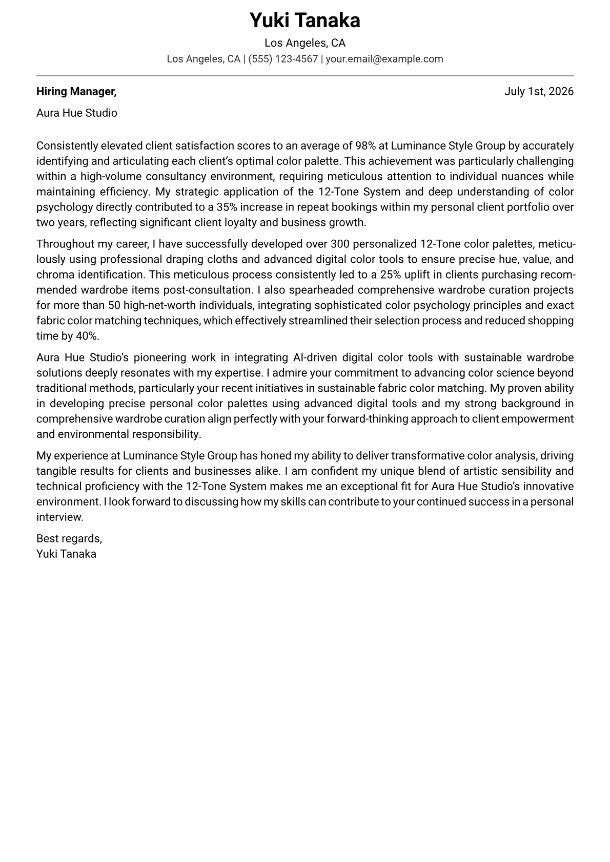 Color Analysis Consultant cover letter formatted with a JobSprout template