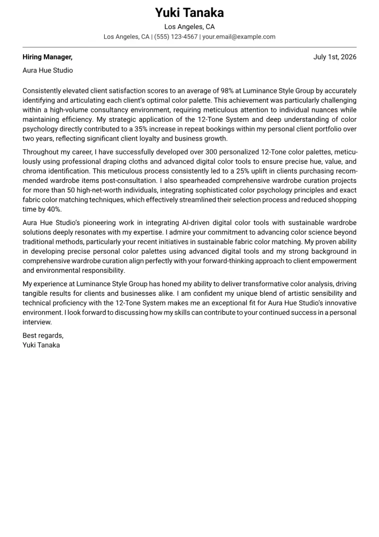 Color Analysis Consultant cover letter example preview