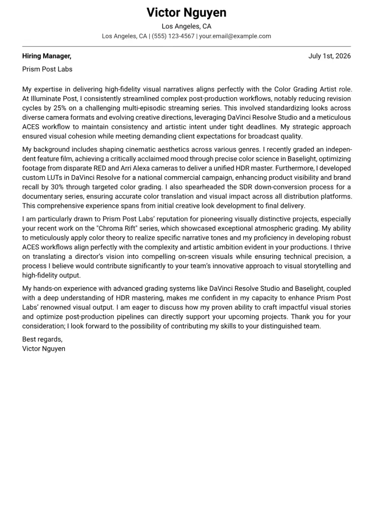 Color Grading Artist cover letter example preview