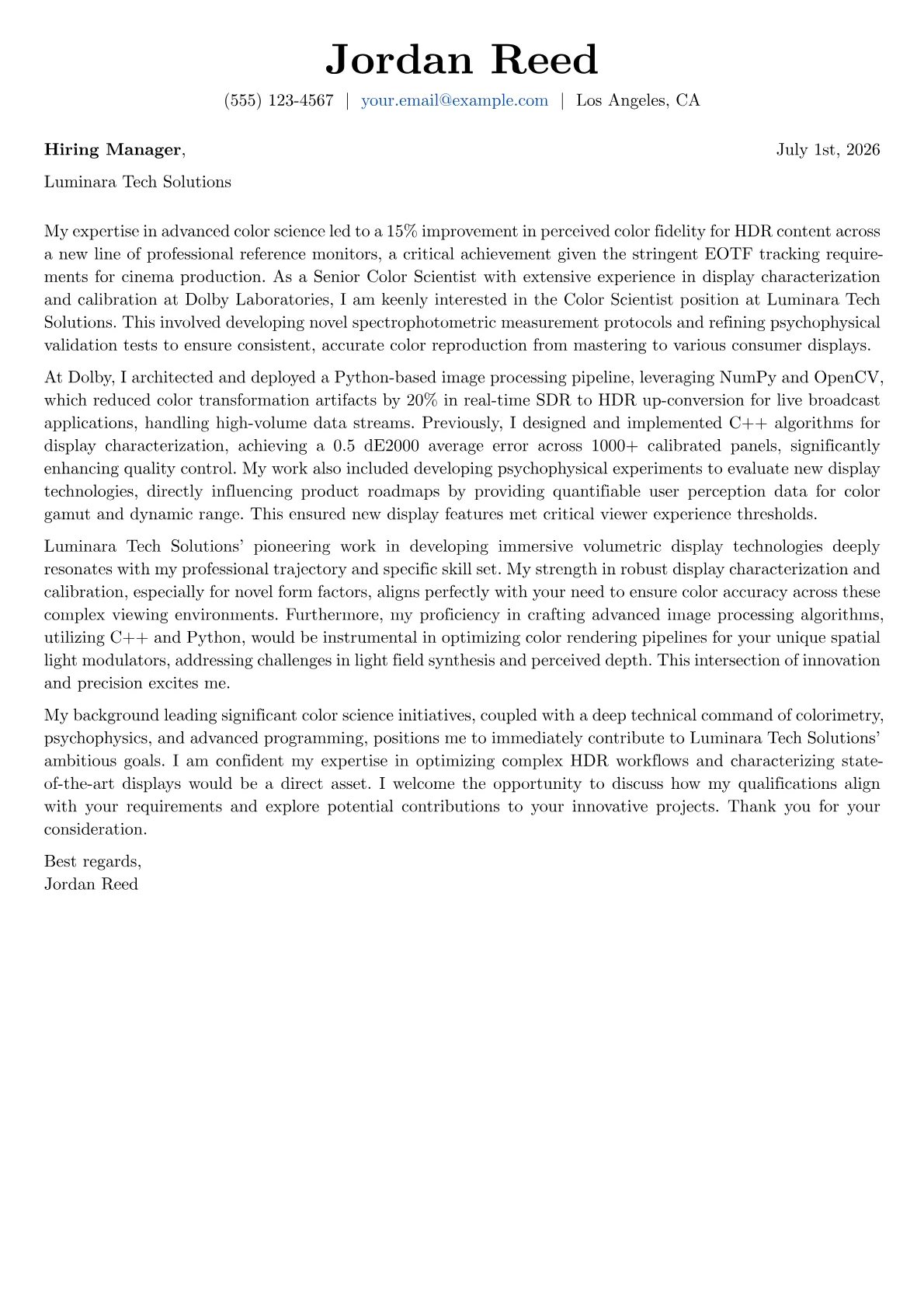 Color Scientist cover letter formatted with a JobSprout template