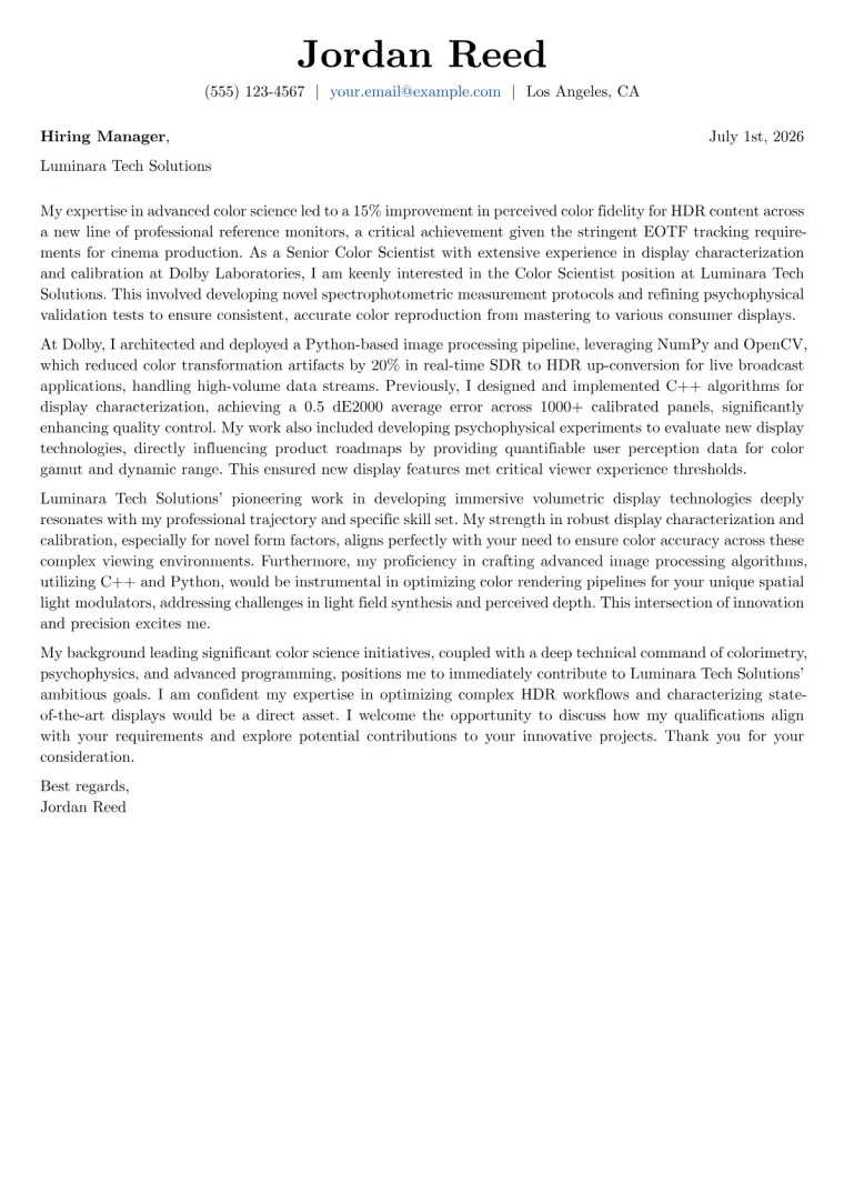 Color Scientist cover letter example preview