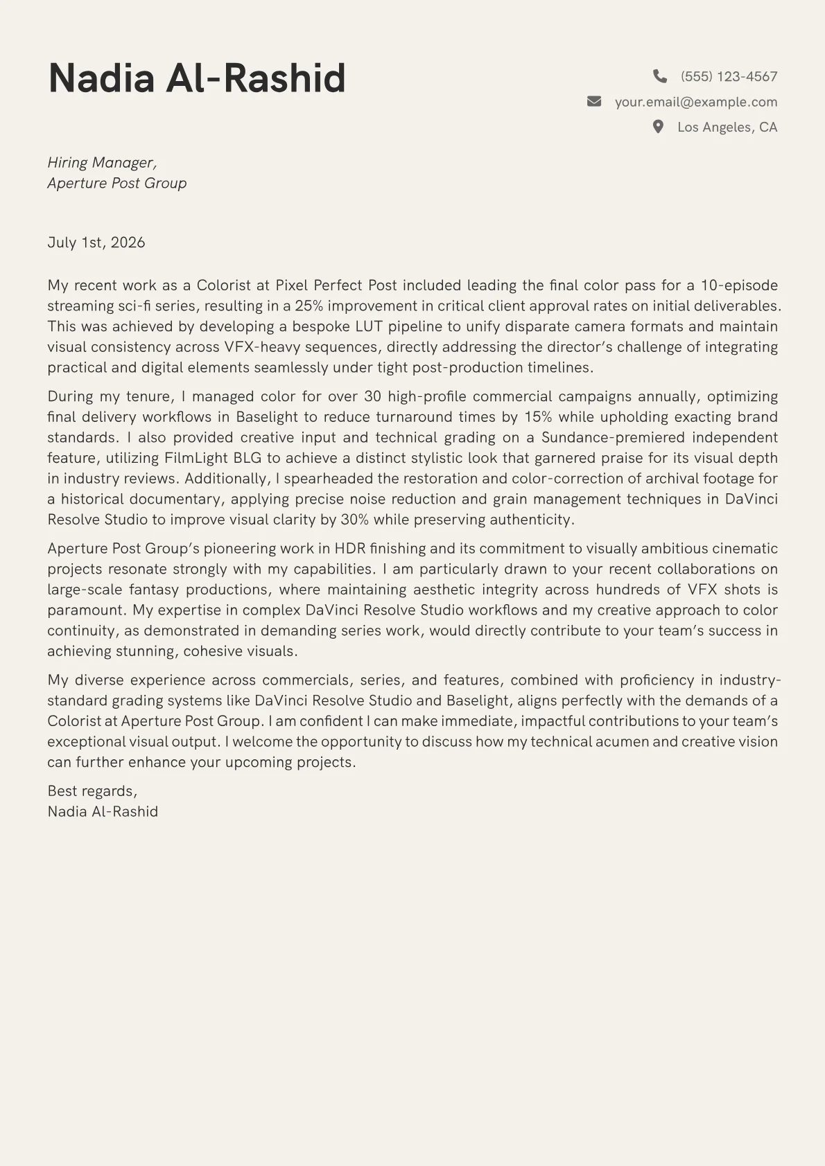 Colorist cover letter formatted with a JobSprout template