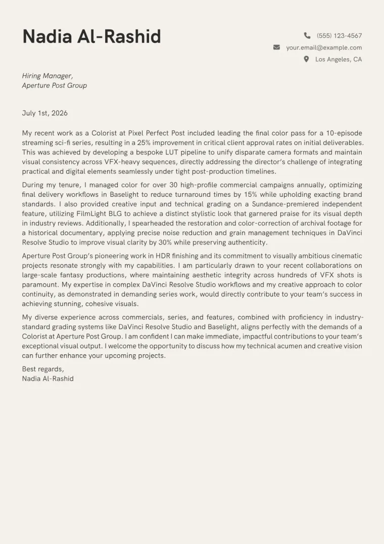 Colorist cover letter example preview