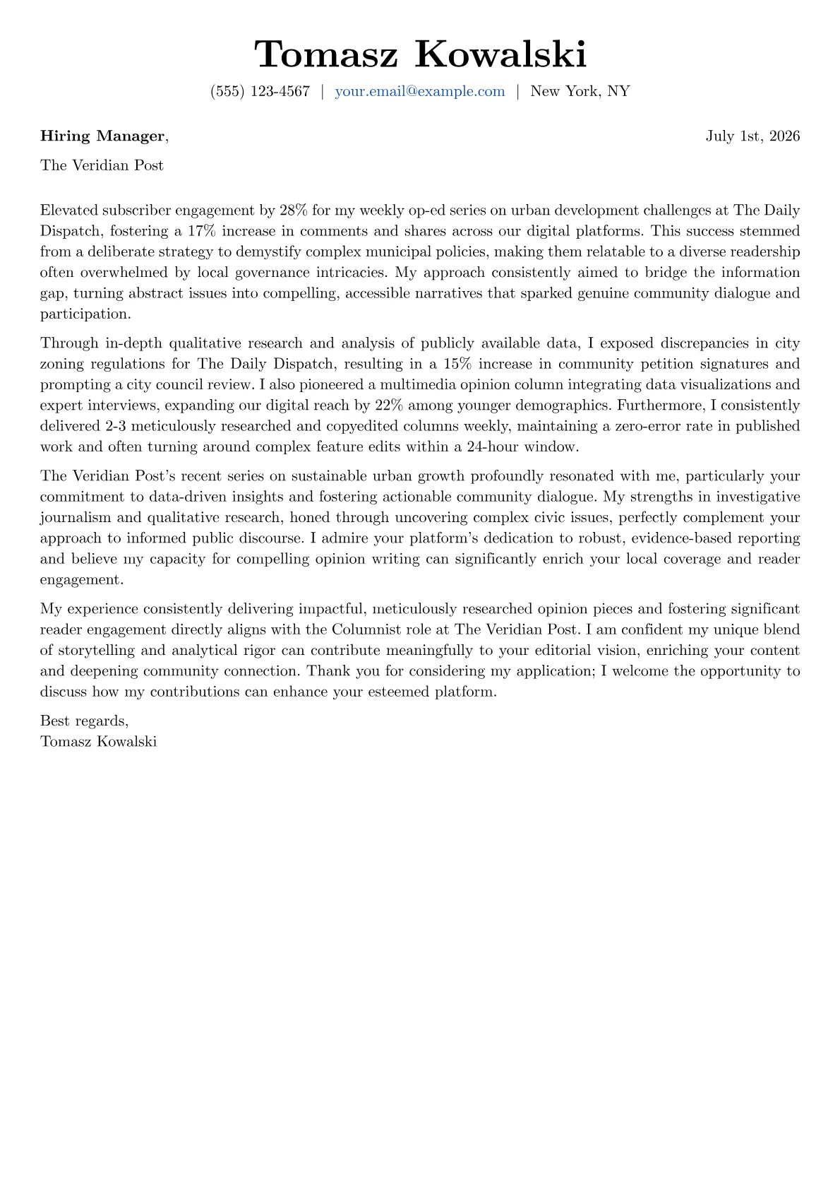 Columnist cover letter formatted with a JobSprout template