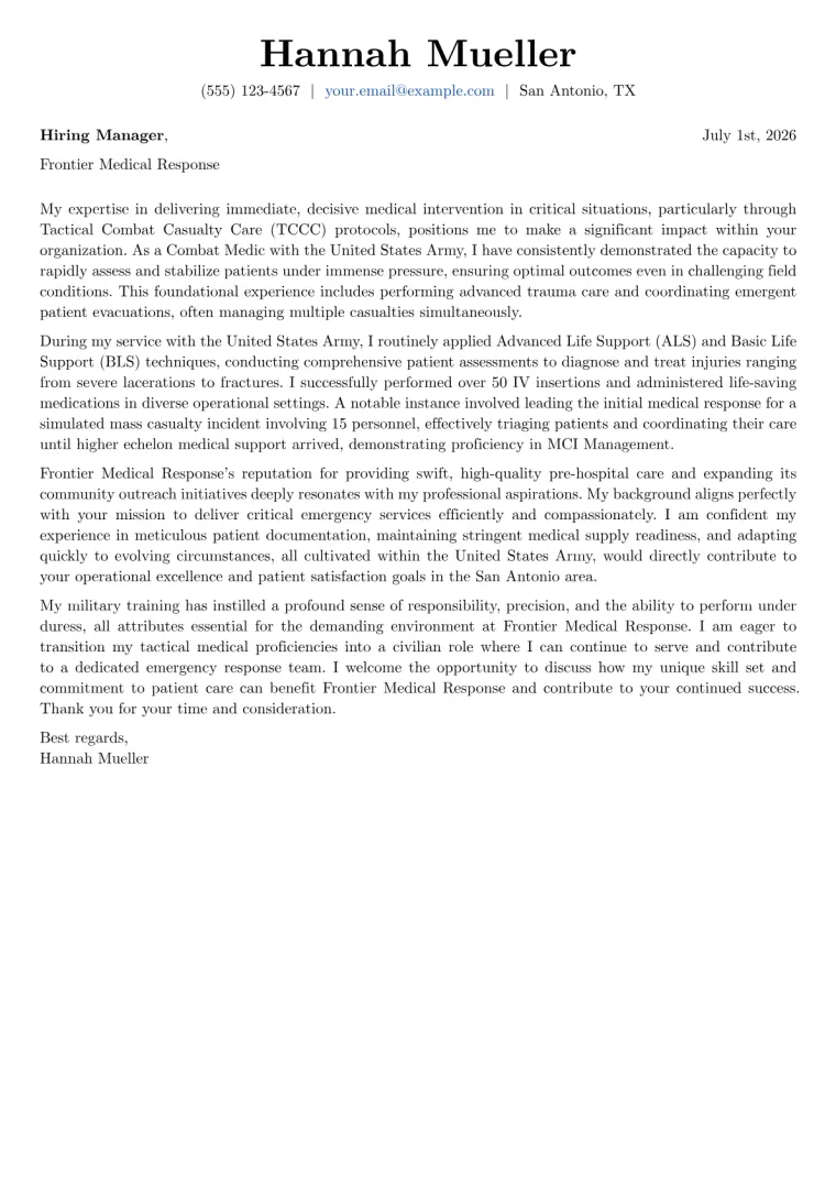 Combat Medic cover letter example