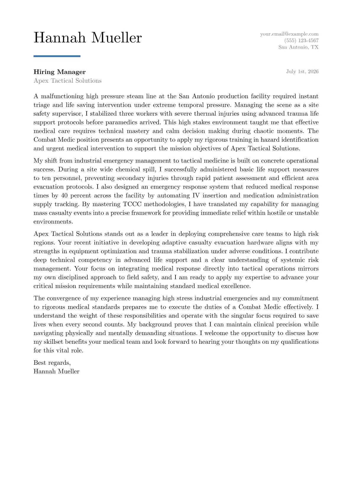 Combat Medic cover letter in the Executive design