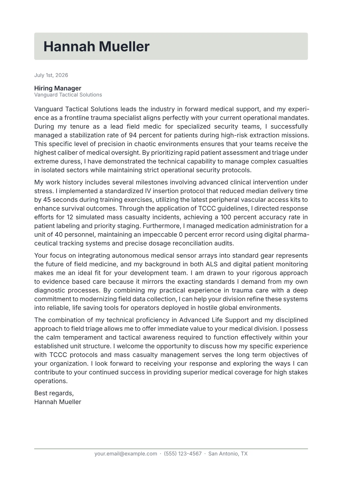 Combat Medic cover letter in the Letterhead design