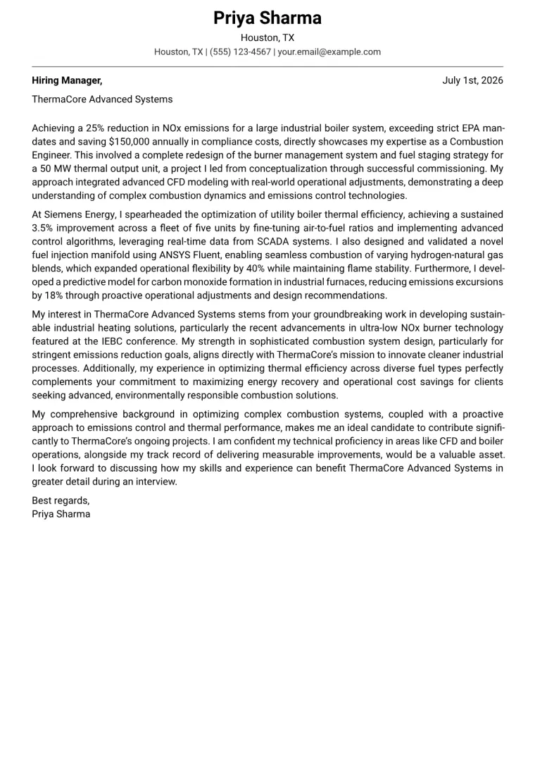 Combustion Engineer cover letter example
