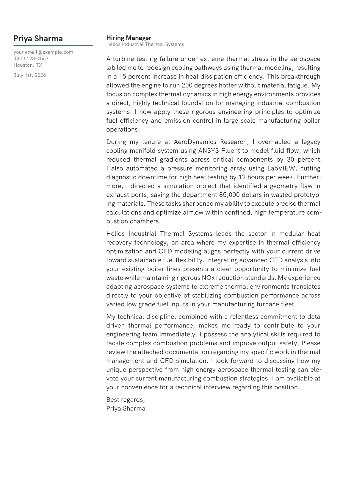 Combustion Engineer cover letter in the Margin design