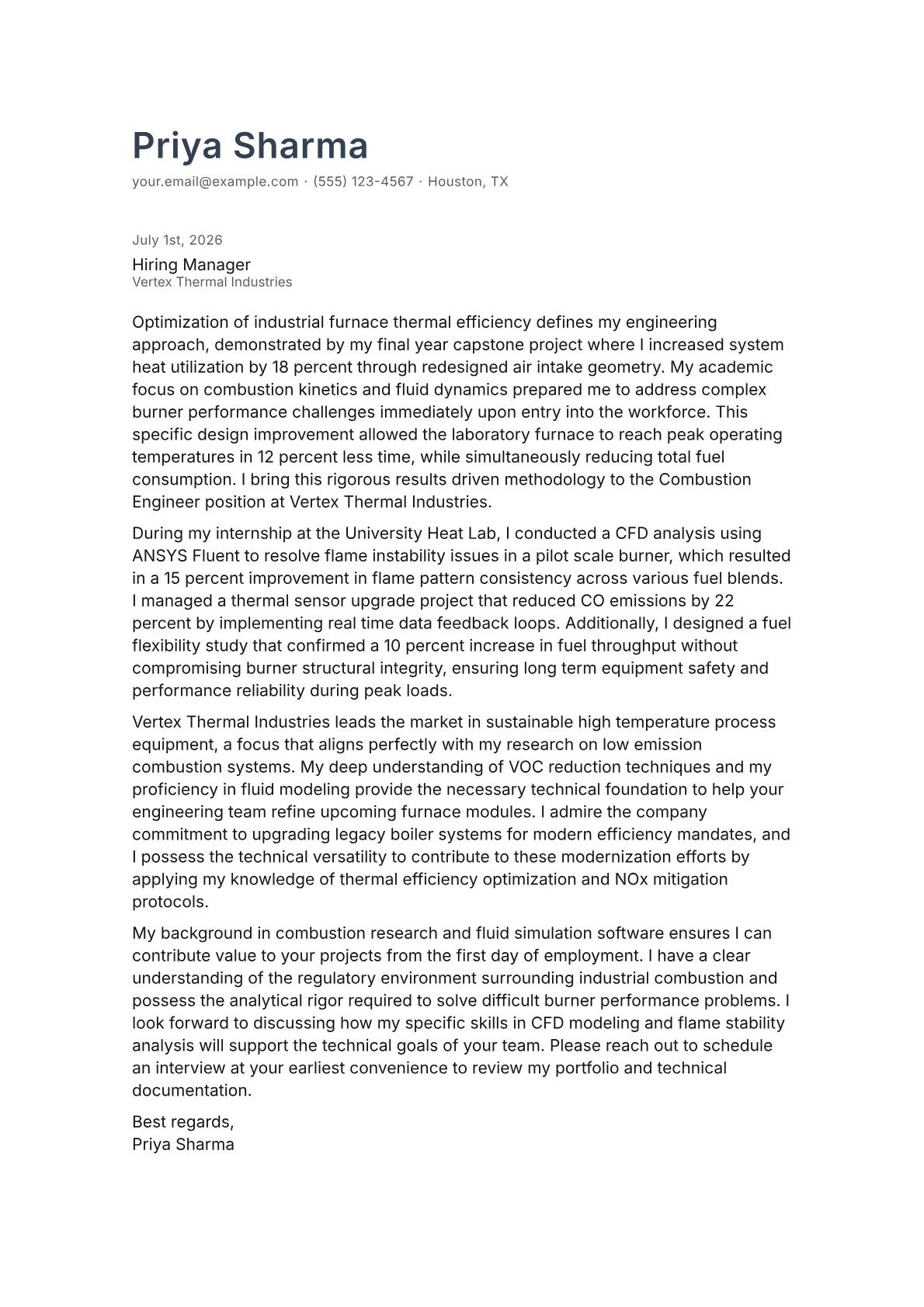 Combustion Engineer cover letter in the Minimal design