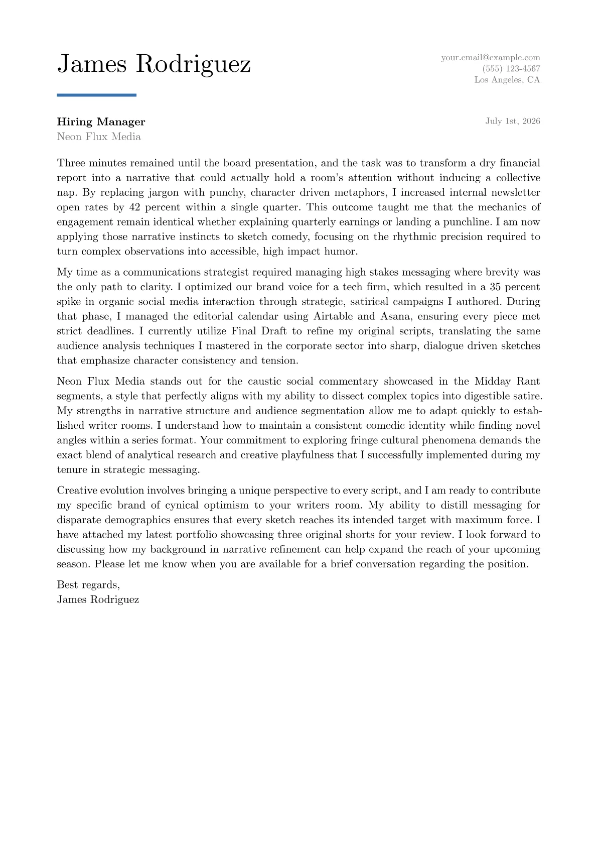 Comedy Writer cover letter in the Executive design